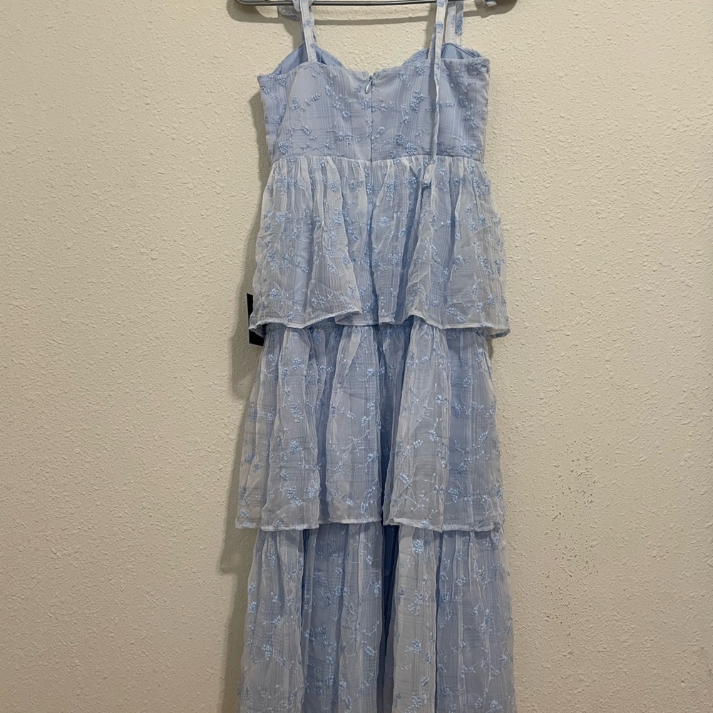 Lulus Vineyard Visit Blue Embroidered Tie-strap Tiered Midi Dress - Size S - Picture 4 of 4